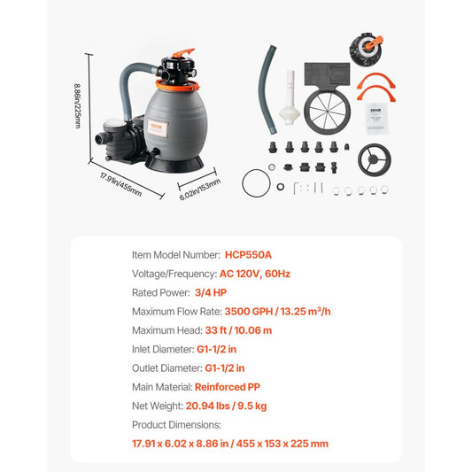 HCP550A - 3/4 HP Sand Filter Pump for Above Ground Pools, 3500 GPH Flow