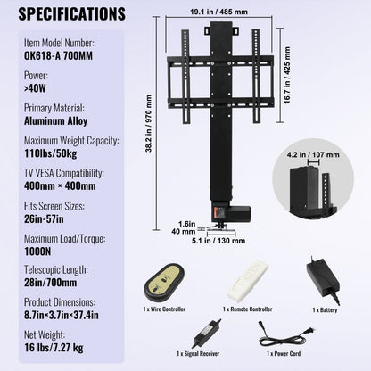 010430516336 - Electric TV Lift, 38-65 Inch Adjustable Height, 132 lbs Capacity