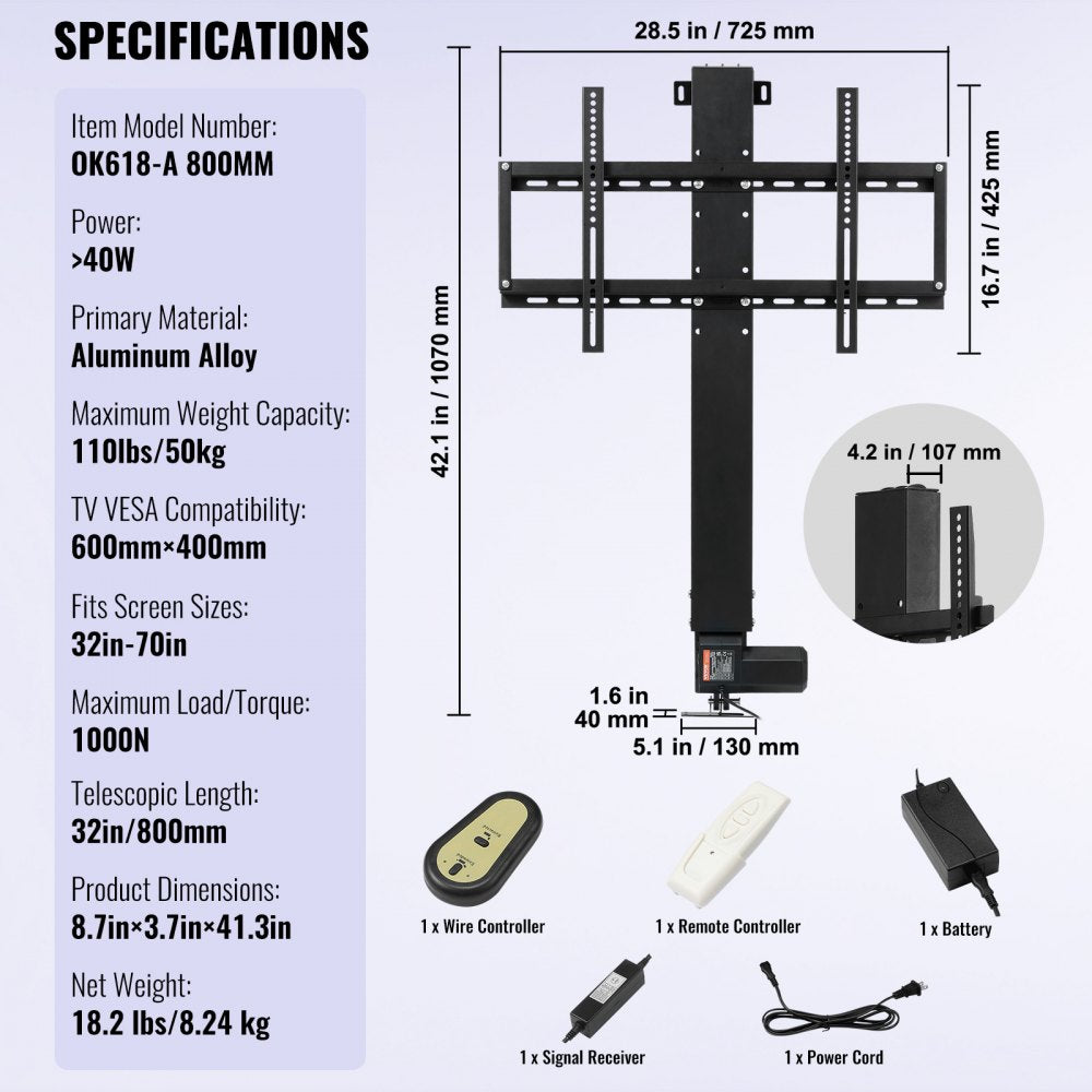 010364528047 - Motorized TV Lift for 60" TVs, Adjustable Height with Remote