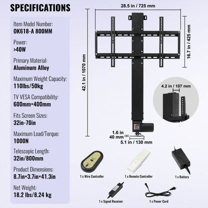 010364528047 - Motorized TV Lift for 60" TVs, Adjustable Height with Remote