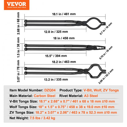 DZQ04 - 18" Carbon Steel Blacksmith Tongs for Forging Projects