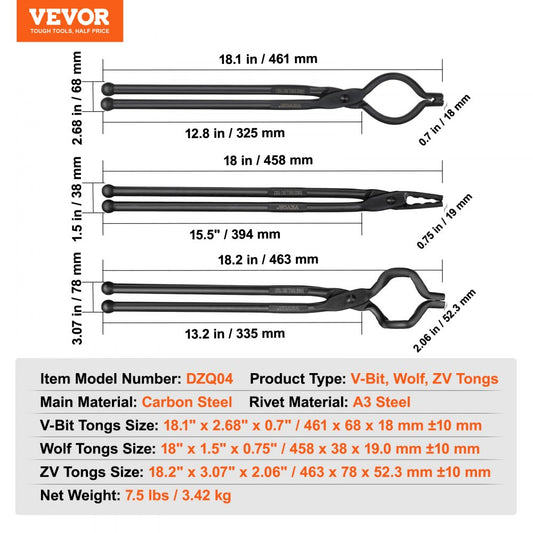 DZQ04 - 18" Carbon Steel Blacksmith Tongs for Forging Projects