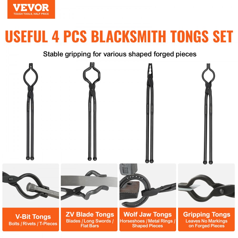 DZQ05 - Set of 4 VEVOR Carbon Steel Blacksmith Tongs - 18" Long
