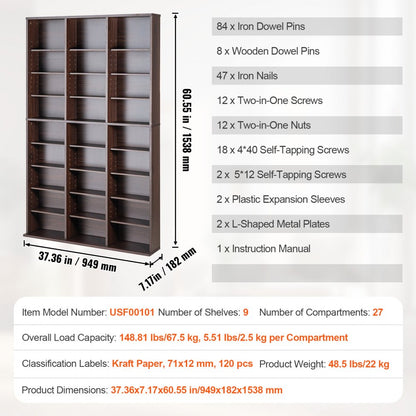 USF00101 - Espresso Media Cabinet 37.36" with Adjustable Shelves & Stability Features