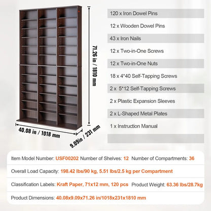 USF00202 - Adjustable Media Cabinet for 1080 CDs, Anti-Tip & Stable Design