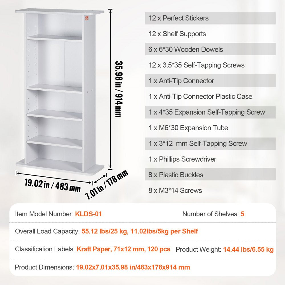 KLDS-01 - 5-Tier Adjustable Media Cabinet in Elegant White Finish