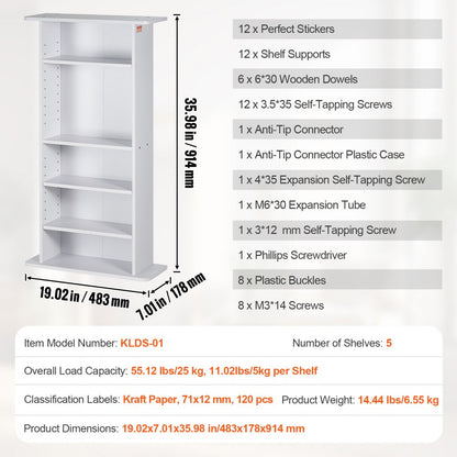 KLDS-01 - 5-Tier Adjustable Media Cabinet in Elegant White Finish