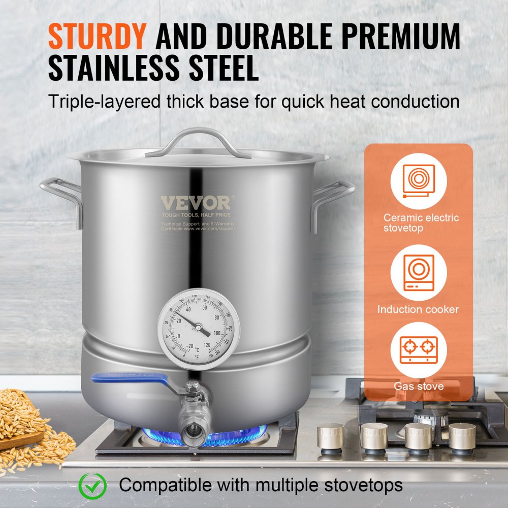 P2830 - 5-Gallon VEVOR Stainless Steel Brewing Kettle with Thermometer