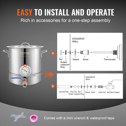 P2830 - 5-Gallon VEVOR Stainless Steel Brewing Kettle with Thermometer
