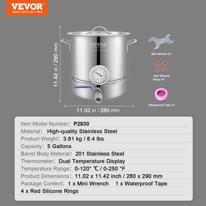 P2830 - 5-Gallon VEVOR Stainless Steel Brewing Kettle with Thermometer
