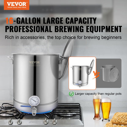 P4048 - 16 Gallon Stainless Steel Brewing Kettle with Thermometer and Filter