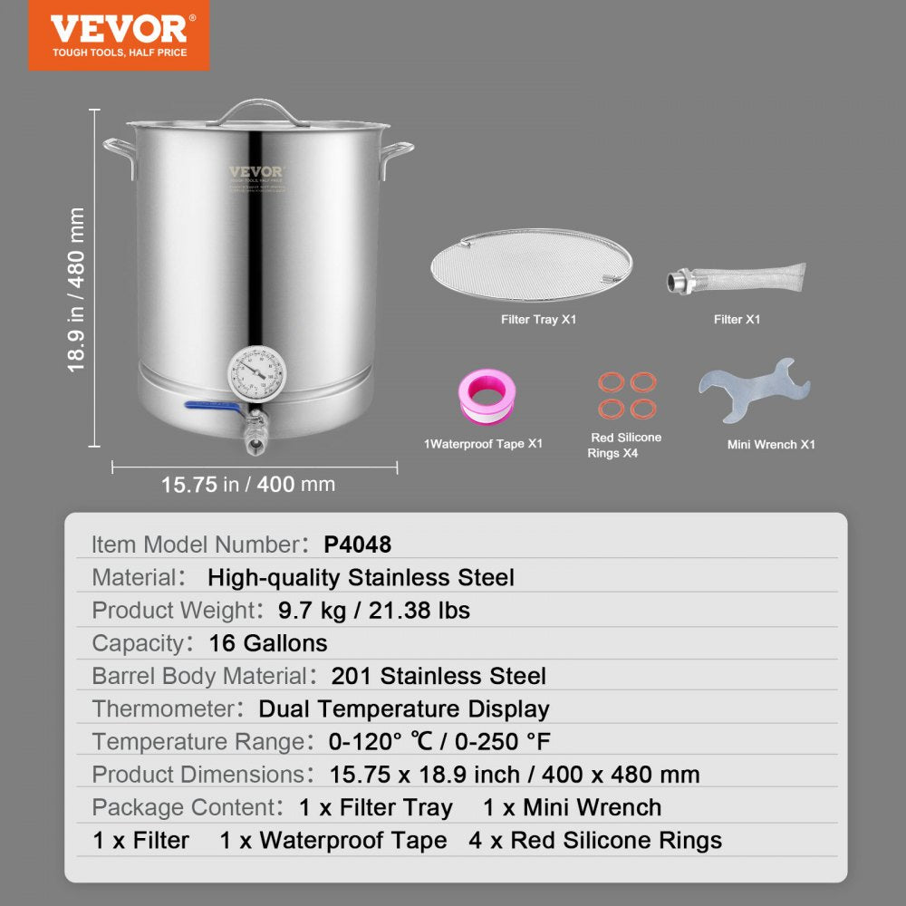 P4048 - 16 Gallon Stainless Steel Brewing Kettle with Thermometer and Filter