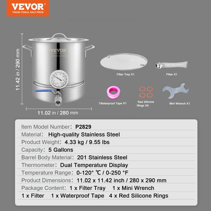 P2829 - 5 Gallon Stainless Steel Brew Kettle with Thermometer and Ball Valve