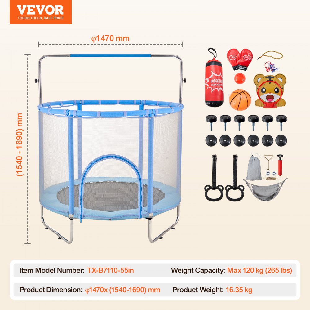TX-B7110-55in - Adjustable 55" Kids Trampoline with Safety Net for Indoor/Outdoor Fun