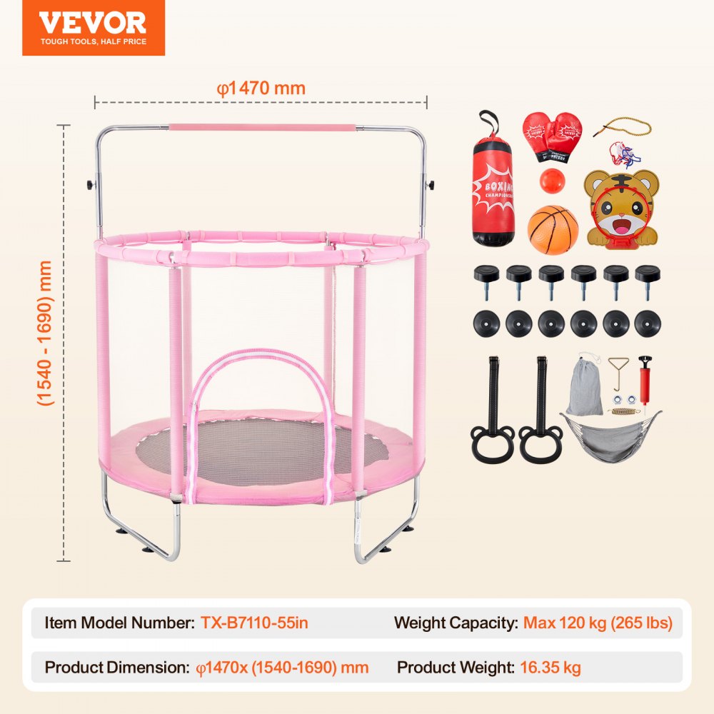 TX-B7110-55in - 55" Kids Trampoline with Safety Net & Adjustable Heights