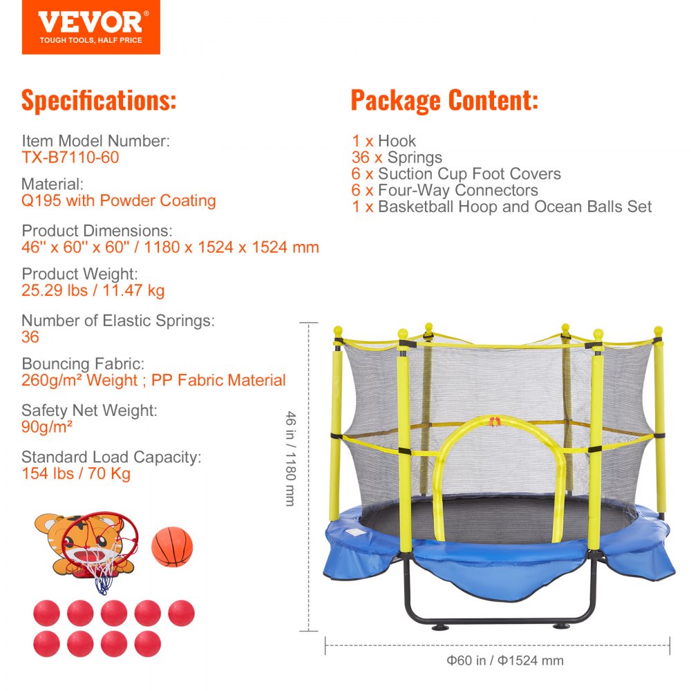 TX-B7110-60 - 5FT Kids Trampoline with Heavy-Duty Frame and Stability Suction Cups