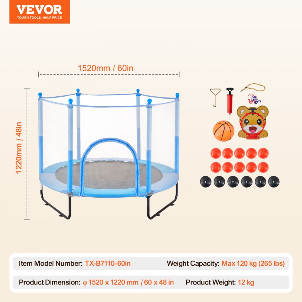 TX-B7110-60in - 60" Kids Trampoline with Safety Net & Fun Accessories
