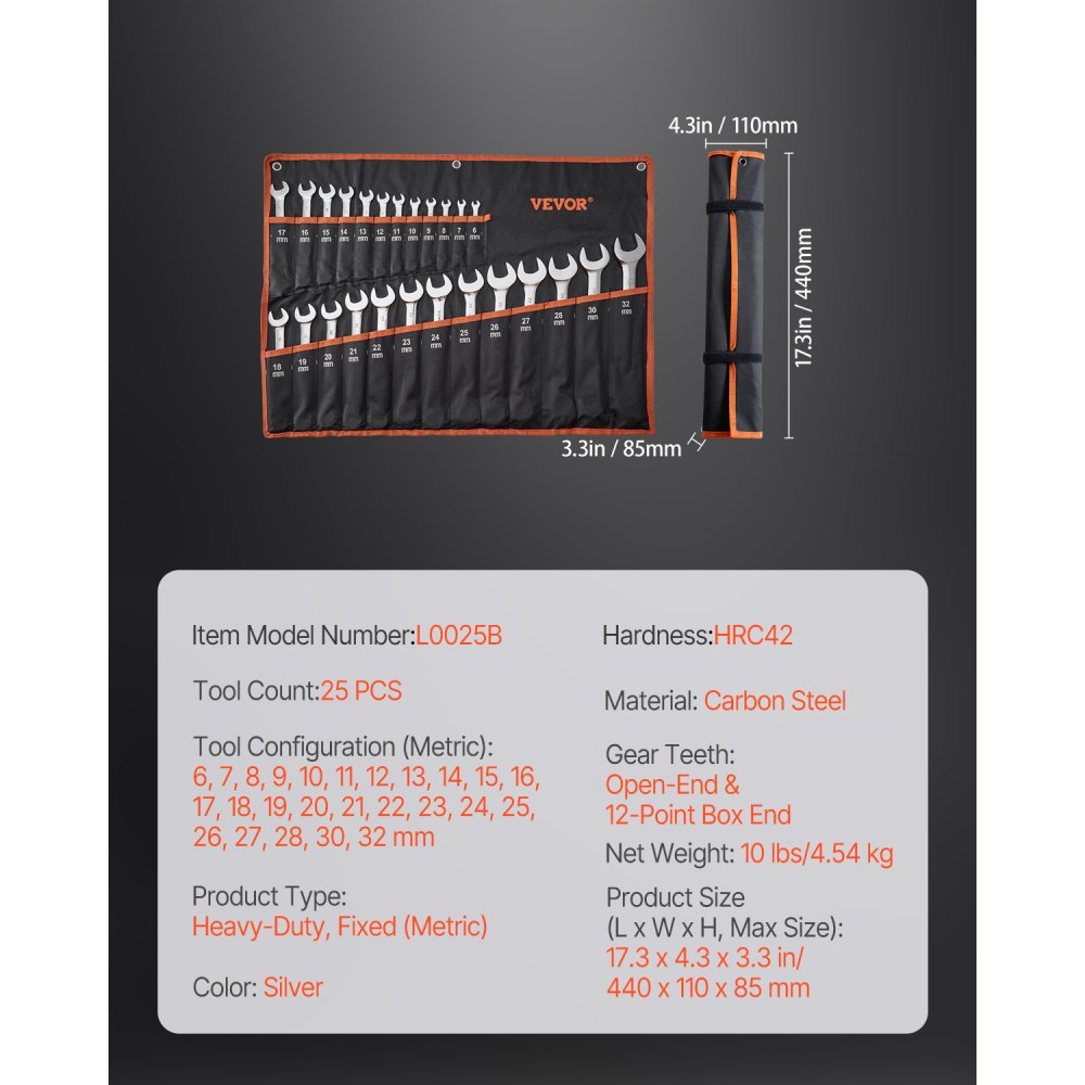 L0025B - 25-Piece Metric Wrench Set 6mm to 32mm, Ergonomic Design