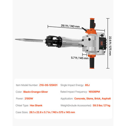 Z1G-DS-125K01 - 2100W Electric Jack Hammer for Concrete & Brick