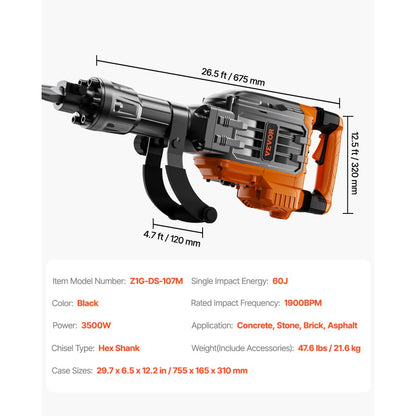 JH-65 - 3500W VEVOR Concrete Breaker Jack Hammer for Tough Jobs