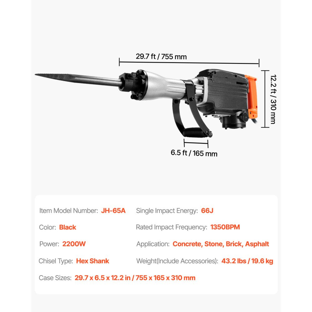 JH-65A - 2200W Heavy-Duty Electric Jackhammer for Concrete & Demolition