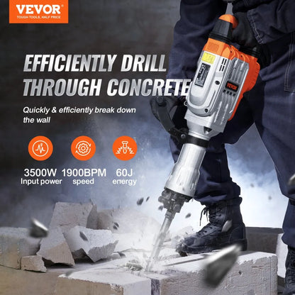 JH-65 - 3500W VEVOR Jack Hammer with 360° Handle & 2 Chisel Bits