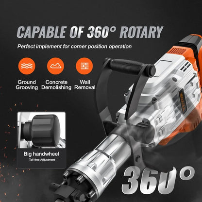 JH-65 - 3500W VEVOR Jack Hammer with 360° Handle & 2 Chisel Bits