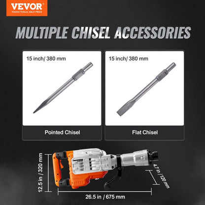 JH-65 - 3500W VEVOR Jack Hammer with 360° Handle & 2 Chisel Bits