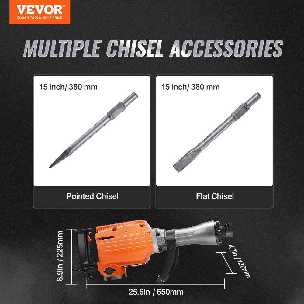 JH-65 - 2200W Demolition Jack Hammer with 360° Handle & 2 Chisels