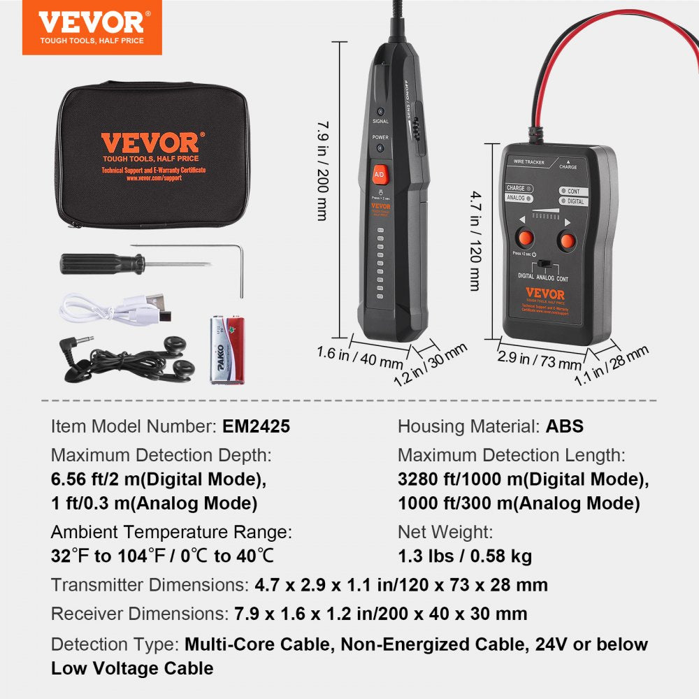 EM2425 - VEVOR Cable Locator: 3280ft Range, Lightweight & Durable Design