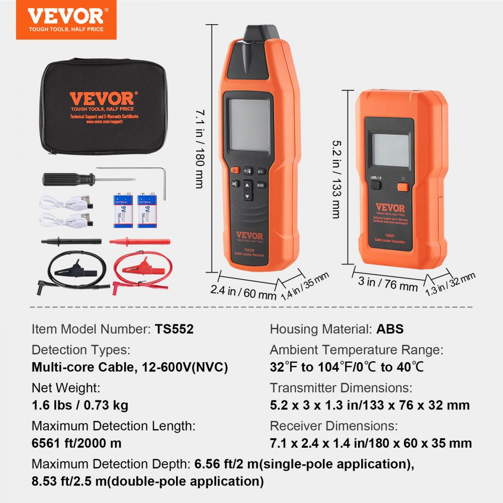 TS552 - Compact VEVOR Cable Locator for 12-600V Lines, 6561ft Range