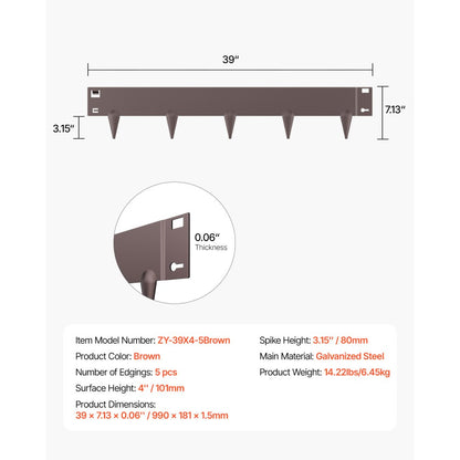 ZY-39X4-5Brown - 5-Piece Galvanized Steel Flexible Landscape Edging Set