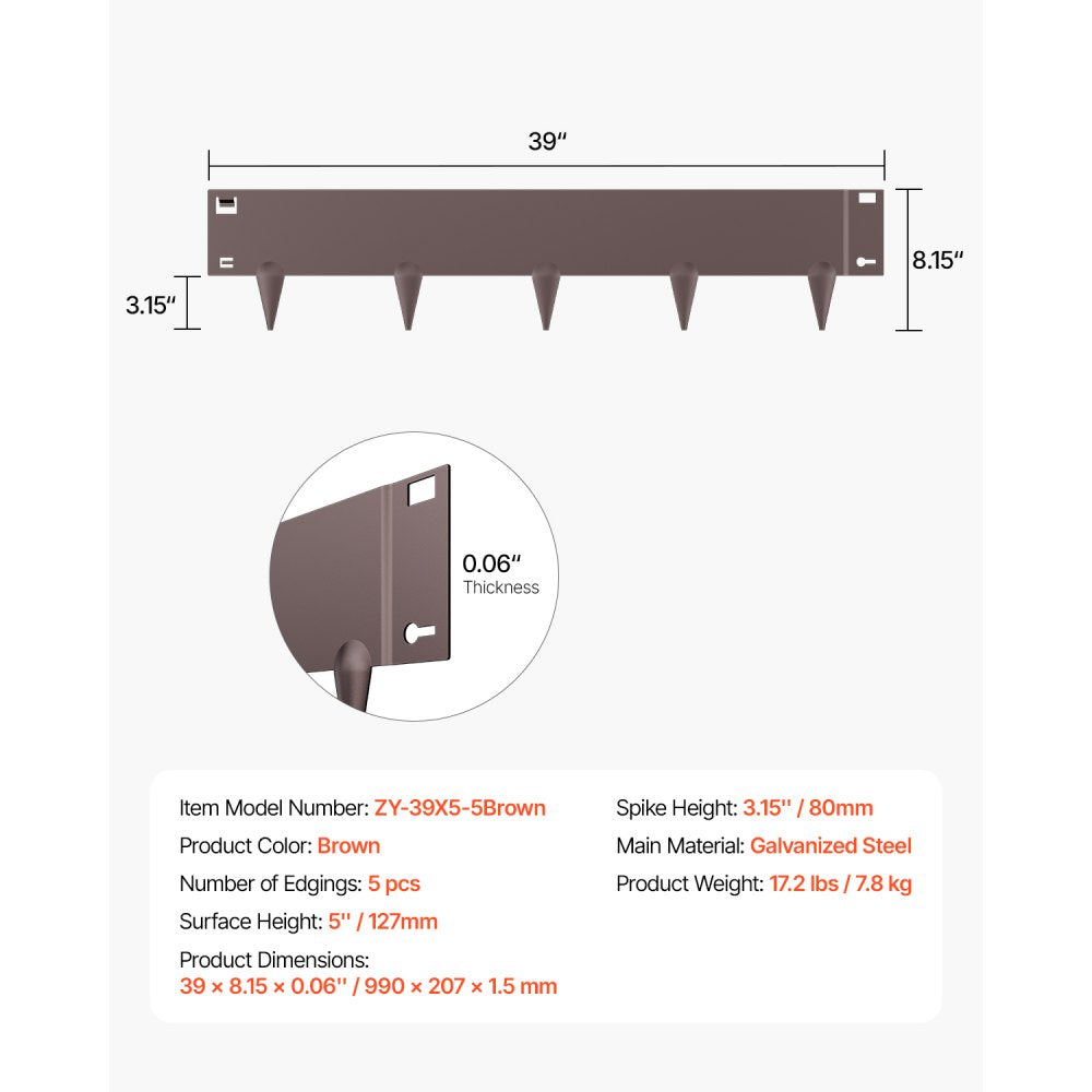 ZY-39X5-5Brown - Flexible Galvanized Steel Landscape Edging for Garden Borders
