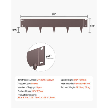 ZY-39X5-5Brown - Flexible Galvanized Steel Landscape Edging for Garden Borders