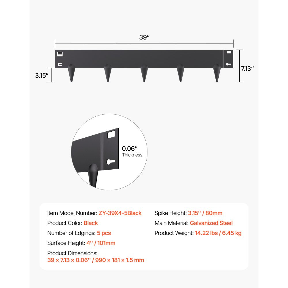 ZY-39X4-5Black - Flexible 39x4in Rust-Resistant Steel Landscape Edging 5-Pack