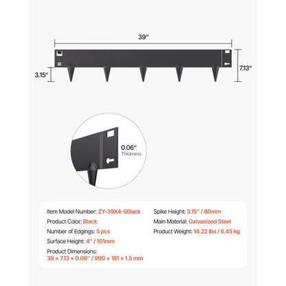 ZY-39X4-5Black - Flexible 39x4in Rust-Resistant Steel Landscape Edging 5-Pack