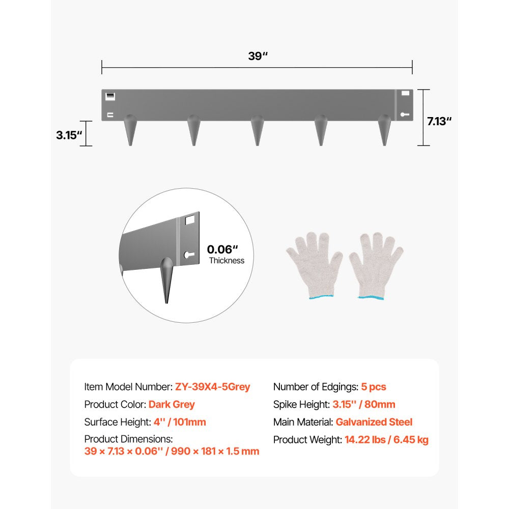 ZY-39X4-5Grey - 39x4in Flexible Steel Landscape Edging, Rust-Resistant Design