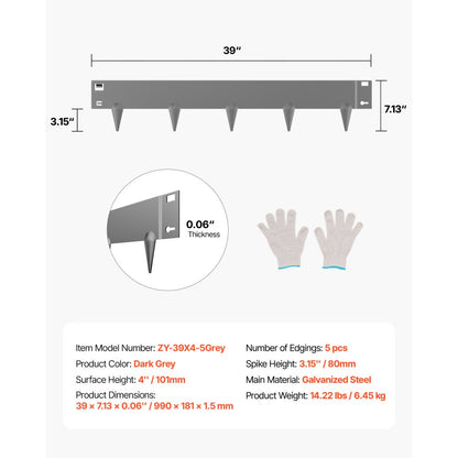 ZY-39X4-5Grey - 39x4in Flexible Steel Landscape Edging, Rust-Resistant Design