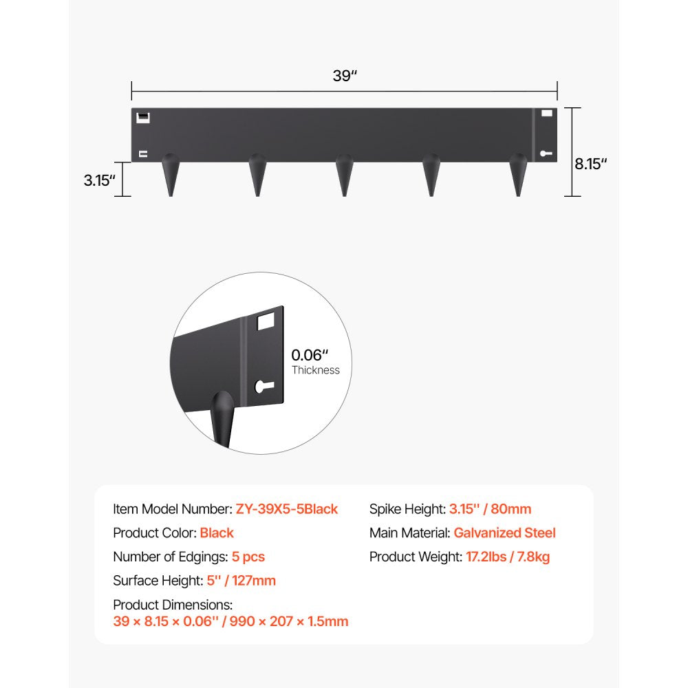 ZY-39X5-5Black - Flexible Galvanized Steel Landscape Edging for Garden Borders