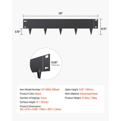 ZY-39X5-5Black - Flexible Galvanized Steel Landscape Edging for Garden Borders