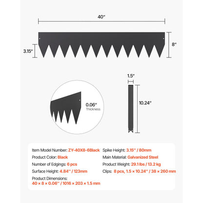 ZY-40X8-6Black - 40" Galvanized Steel Garden Edging - Rust Resistant Border