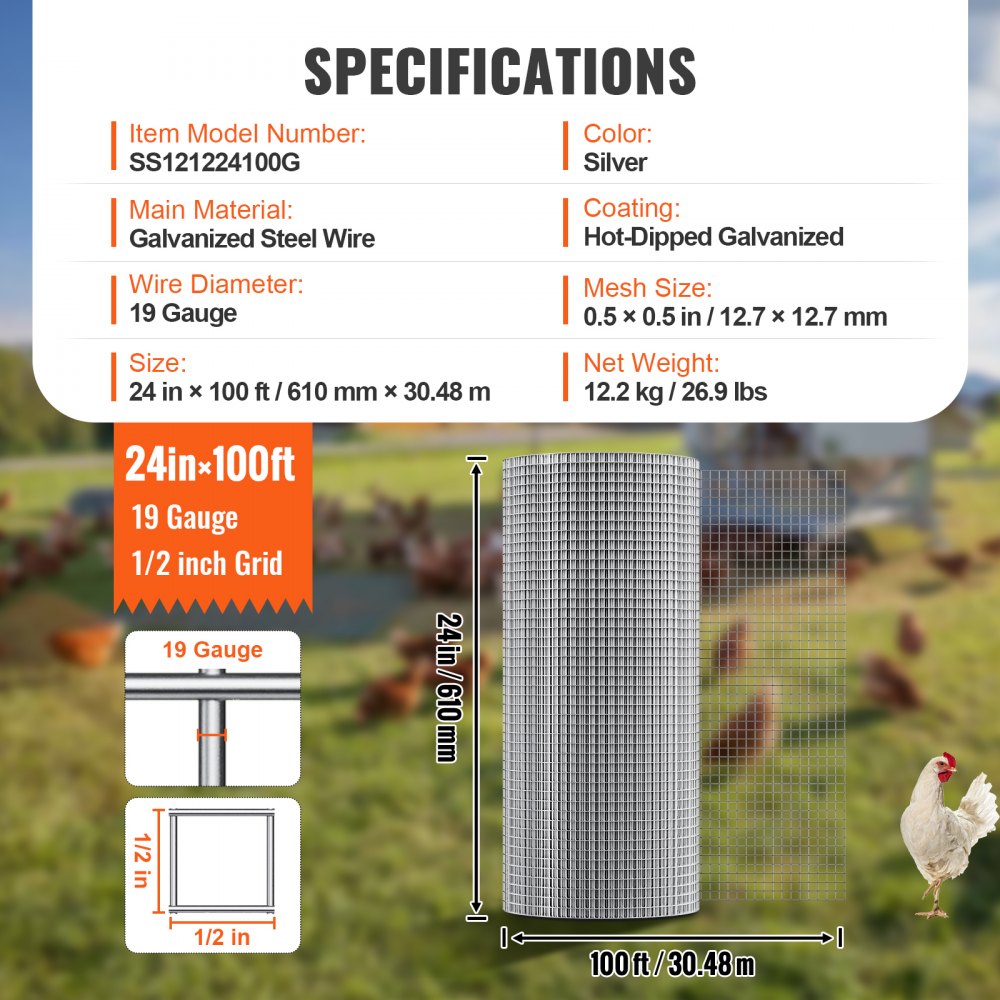SS121224100G - 24in Galvanized Hardware Cloth, 1/2in Mesh for Garden Protection