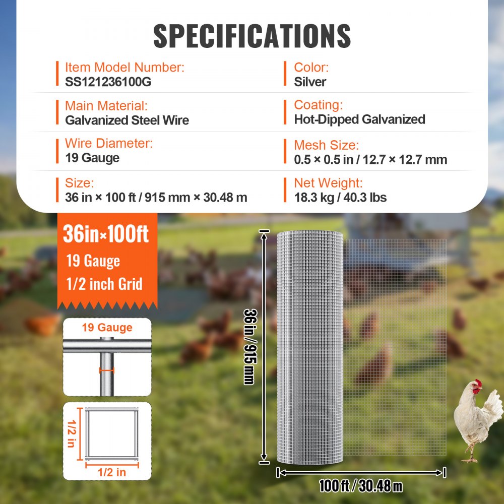 SS121236100G - 36in 19-Gauge Galvanized Wire Mesh for Garden & Livestock Safety
