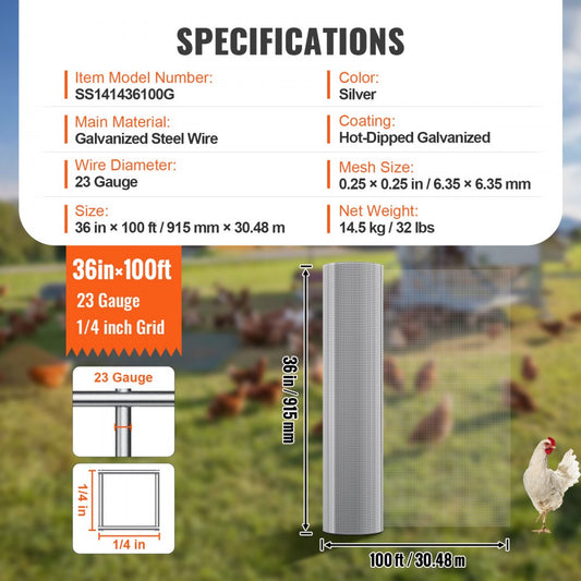 SS141436100G - 36in Hot-Dipped Galvanized Wire Mesh for Garden Protection