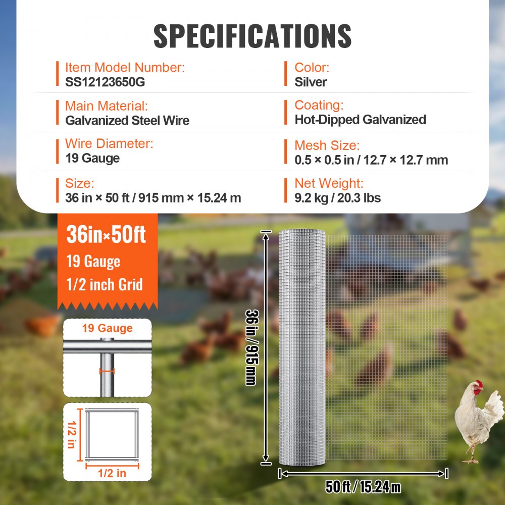 SS12123650G - 36in Hot-Dipped Galvanized Wire Mesh for Garden Protection