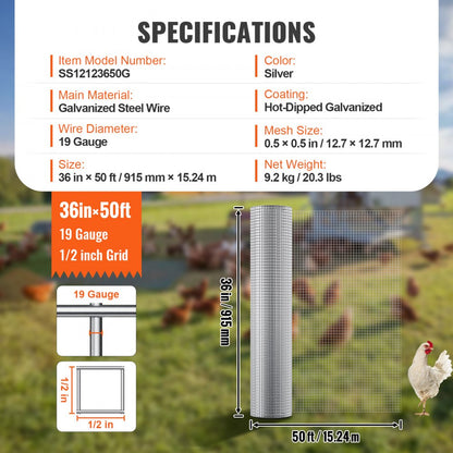 SS12123650G - 36in Hot-Dipped Galvanized Wire Mesh for Garden Protection