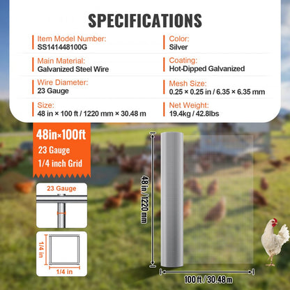 SS141448100G - 48" x 100' Galvanized Hardware Cloth for Garden Protection