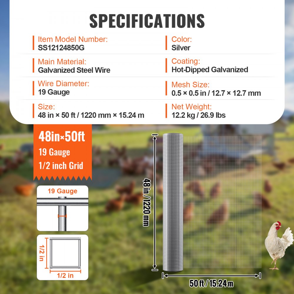 SS12124850G - 48"x50' Hot-Dipped Galvanized Hardware Cloth for Animal Protection