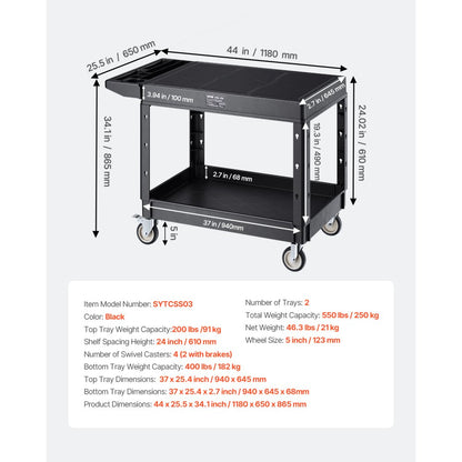 SYTCSS03 - Heavy-Duty 37" x 25.4" Utility Cart with Wheels, 550 lbs Capacity