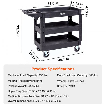 010867140204 - Heavy-Duty 3-Shelf Utility Cart for 550 lbs, Durable Polypropylene